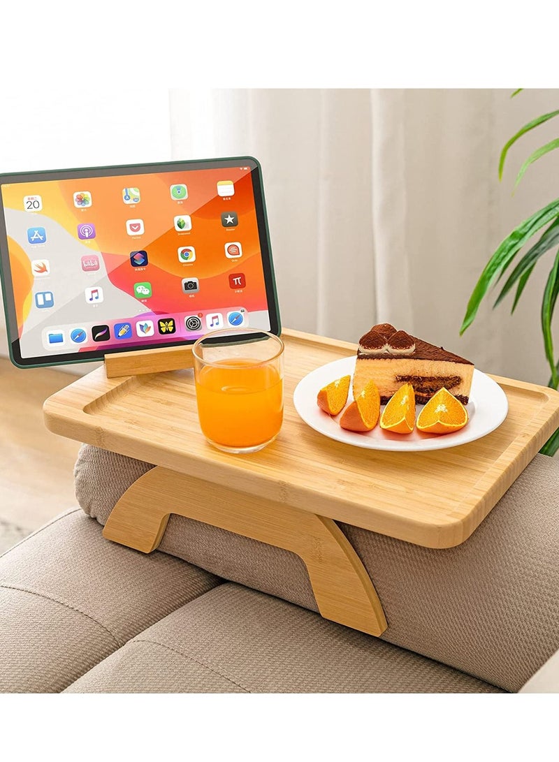 ميكسد مشبك الخيزران المربع على الطاولة الجانبية للأنابيب الواسعة ذراع قابل للطي صينية الأروقة مع حامل هاتف دوار مسند الذراع للأكل والشرب