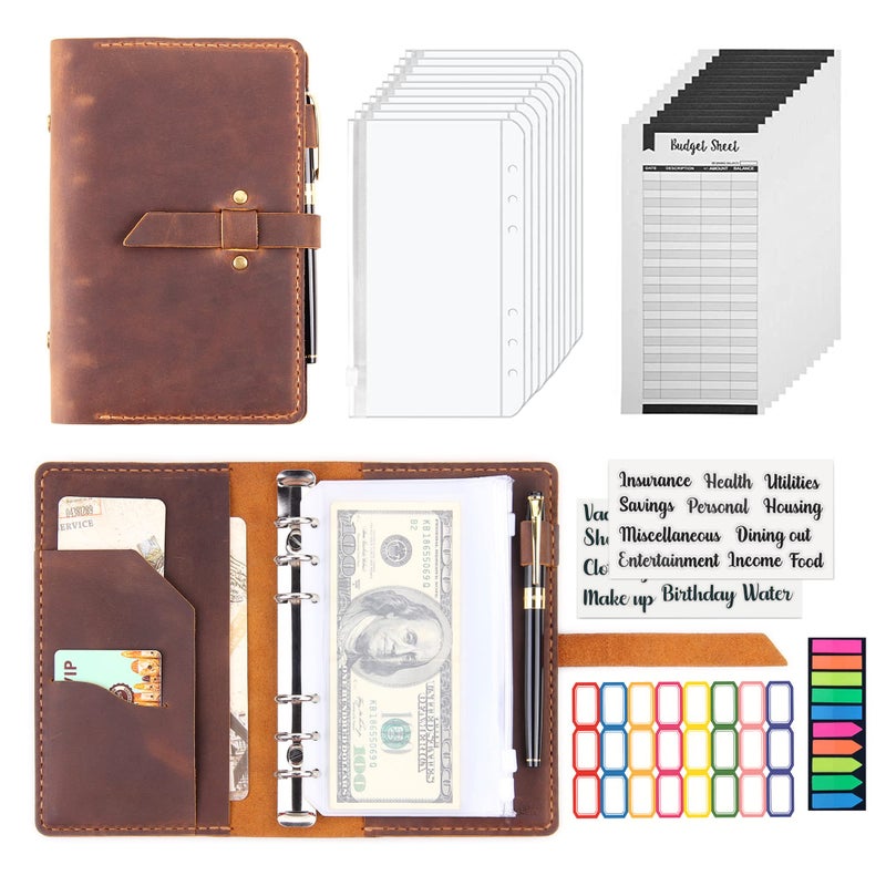 Robrasim Leather Binder Budget with Cash Envelopes, Handmade Leather A6 Binder for Money Saving Planner, Cash Envelopes for Budgeting, Money Organizer for Cash - Brown - Image 1