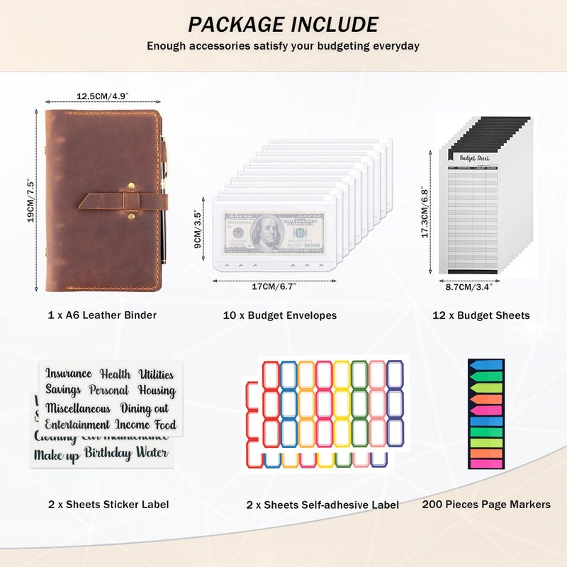 Robrasim Leather Binder Budget with Cash Envelopes, Handmade Leather A6 Binder for Money Saving Planner, Cash Envelopes for Budgeting, Money Organizer for Cash - Brown - Image 4