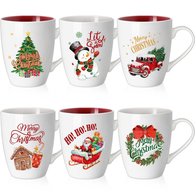 Shellwei 6 Pack Teacher Coffee Mugs 11 oz Holiday Ceramic Mugs Set Xmas Tea Cups with Handles Bulk Reusable Ceramic Coffee Cups for Women Men Teachers Appreciation Christmas GiftsClassic