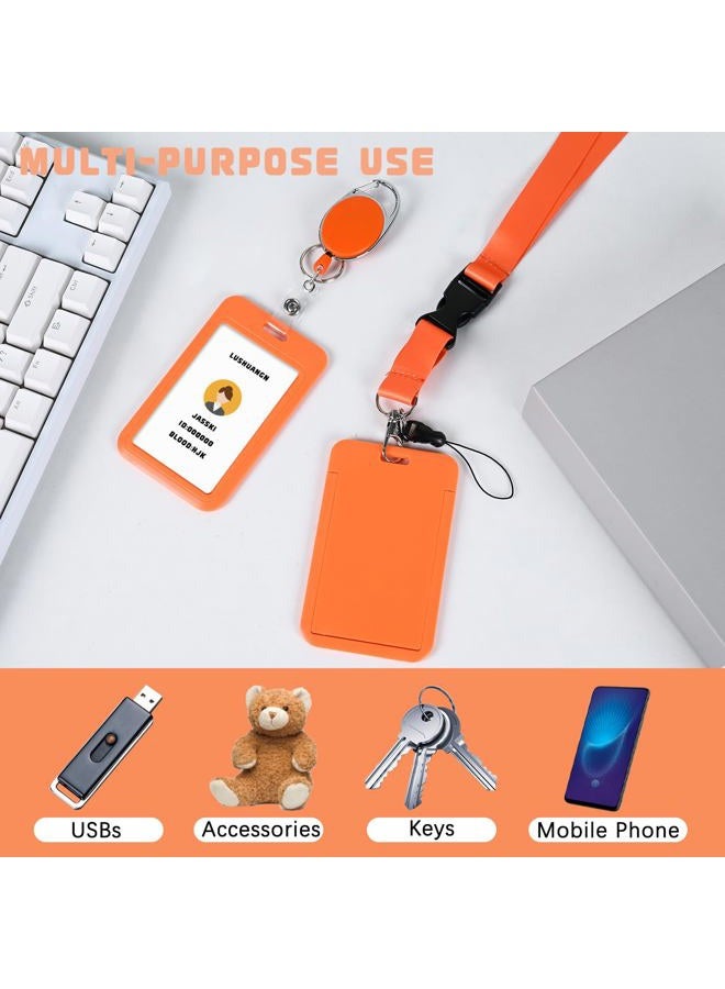 happyhbt Orange ID Key Card Holder Lanyard,Badge Holders Keychain with Retractable Oval reels,Vertical Credit Card Holder Name Protector,for Nurse Teacher Student Women Girl - Image 2