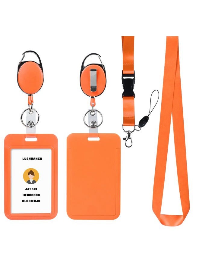 happyhbt Orange ID Key Card Holder Lanyard,Badge Holders Keychain with Retractable Oval reels,Vertical Credit Card Holder Name Protector,for Nurse Teacher Student Women Girl - Image 1