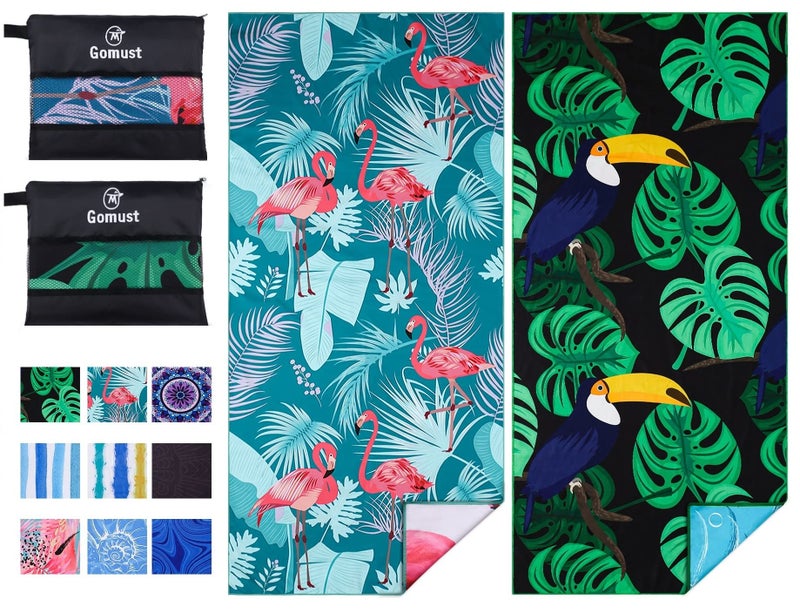 Gomust 2 Pack Lightweight Thin Beach Towel Oversized 71"x32" Big Extra Large Microfiber Sand Free Towels for Adult Quick Dry Travel Camping Beach Accessories Vacation Essential Gift Flamingo Toucan - Image 1