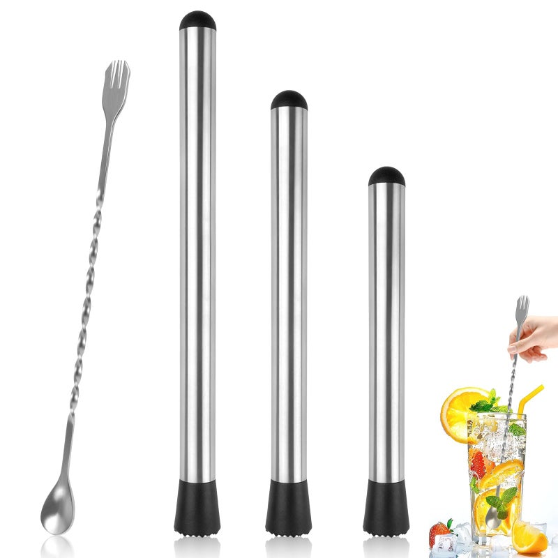 Okxiri Muddler for Cocktails, 4 Pack Cocktail Muddler 8" 10" 12" and Bar Spoon Set, Stainless Steel Muddler Tool, Bar Accessories for Mojitos Fruit Lemon Drinks Party - Image 1