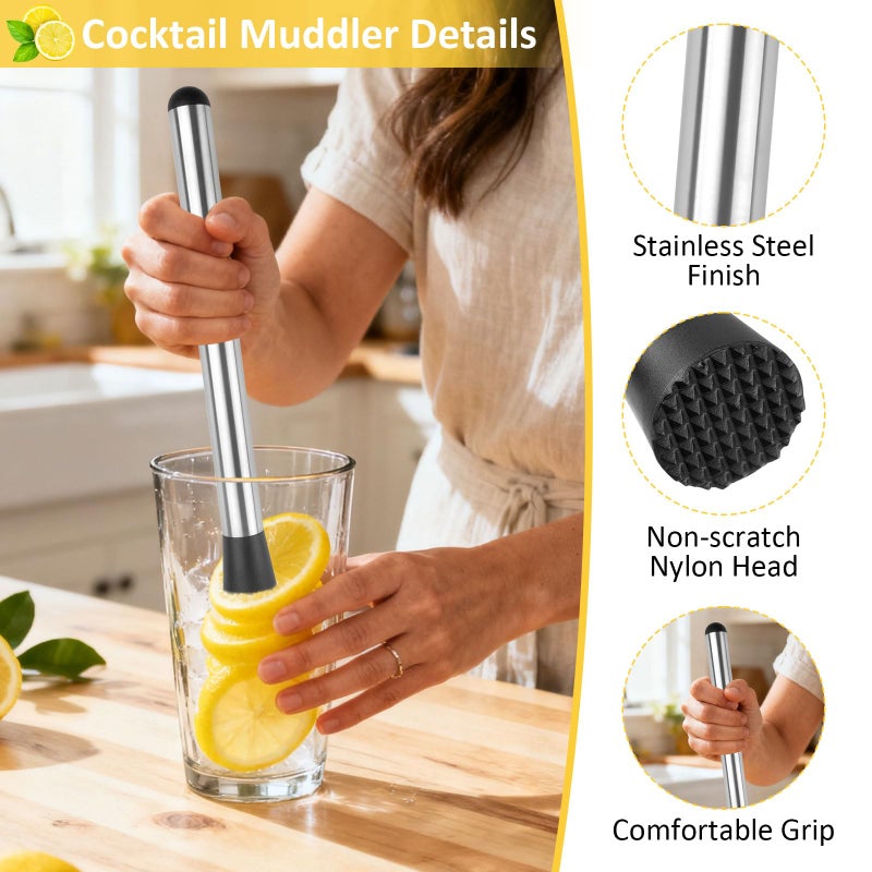 Okxiri Muddler for Cocktails, 4 Pack Cocktail Muddler 8" 10" 12" and Bar Spoon Set, Stainless Steel Muddler Tool, Bar Accessories for Mojitos Fruit Lemon Drinks Party - Image 3