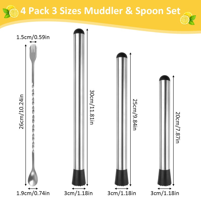 Okxiri Muddler for Cocktails, 4 Pack Cocktail Muddler 8" 10" 12" and Bar Spoon Set, Stainless Steel Muddler Tool, Bar Accessories for Mojitos Fruit Lemon Drinks Party - Image 2