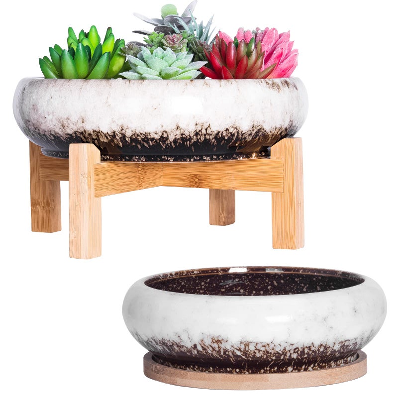 ARTKETTY Succulent Pots with Drainage, Large Succulent Planter with Stand and Saucer Shallow Bonsai Pots Ceramic Cactus Flower Planter Pot for Indoor Plants (7.3 and 10'') - Image 1