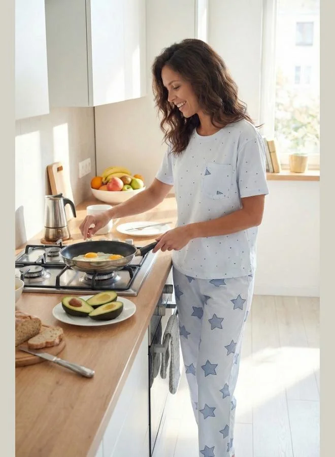 Lela Lela Cotton Regular Fit Crew Neck Pajama Set with Pocket Details Women's Pajama Set 6091325