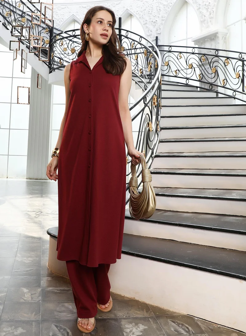 QISSA Women's Burgundy Red Solid-Canvas Kurta Set For Ethnic Wear | Cuban Collar , Sleeveless , Straight Hem | Solid Plain Fabric | 2 Piece Kurta Set Designed For Casual & Daily Wear