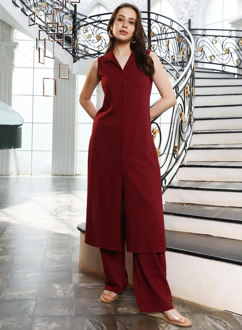 QISSA Women's Burgundy Red Solid-Canvas Kurta Set For Ethnic Wear | Cuban Collar , Sleeveless , Straight Hem | Solid Plain Fabric | 2 Piece Kurta Set Designed For Casual & Daily Wear