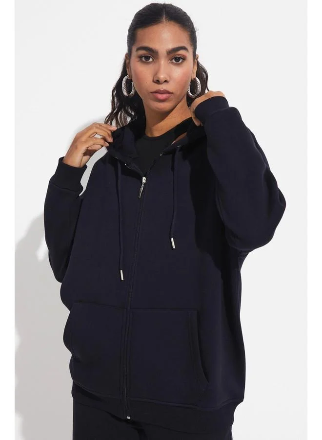 JUNE June Basic Front Zipper Hooded Thick Sweatshirt Navy