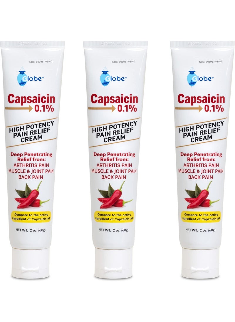 Globe Globe (3 Pack) Capsaicin 0.1% High Potency Pain Relief Cream, Unscented (2 oz) Deep Penetrating Relief from: Arthritis, Muscle, Joint and Back Pain 