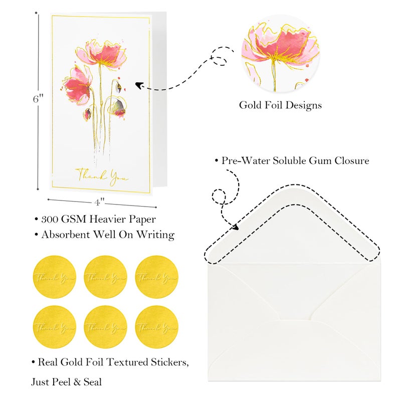 Crisky 50 Pack Printable Floral Thank You Cards with Envelopes & Stickers for Birthday, Baby Shower,Bridal Shower, Wedding, Graduation, Business. 6 Assorted White Gold Watercolor Floral Design - Image 3