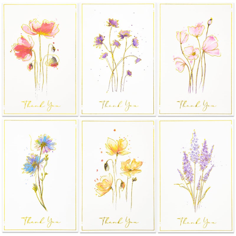 Crisky 50 Pack Printable Floral Thank You Cards with Envelopes & Stickers for Birthday, Baby Shower,Bridal Shower, Wedding, Graduation, Business. 6 Assorted White Gold Watercolor Floral Design - Image 1