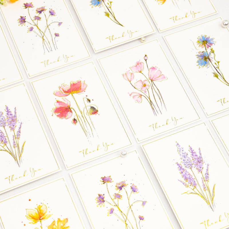 Crisky 50 Pack Printable Floral Thank You Cards with Envelopes & Stickers for Birthday, Baby Shower,Bridal Shower, Wedding, Graduation, Business. 6 Assorted White Gold Watercolor Floral Design - Image 5