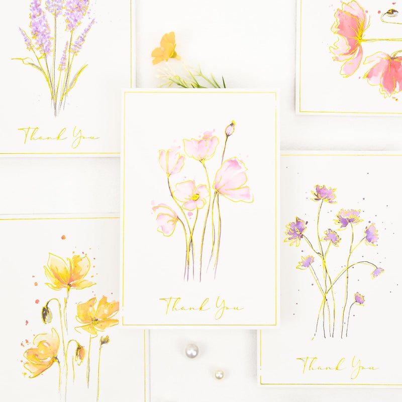 Crisky 50 Pack Printable Floral Thank You Cards with Envelopes & Stickers for Birthday, Baby Shower,Bridal Shower, Wedding, Graduation, Business. 6 Assorted White Gold Watercolor Floral Design - Image 2