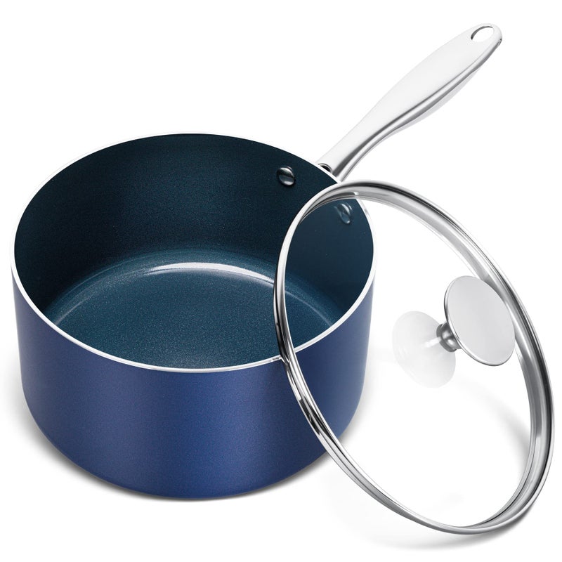 MICHELANGELO 3 Quart Saucepan with Lid Nonstick Ceramic Sauce Pan with Stainless Steel Handle 3 Qt Saucepan with Lid Induction Compatible Oven Safe Blue