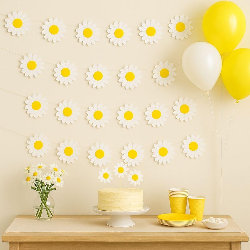 Confetti White Daisy Garland - 4 Pack Multilayer Floral Bunting | Handmade 3.75" Flowers, 7-10ft Strings | First Birthday, Baby Shower & Spring Party Decor - Image 2