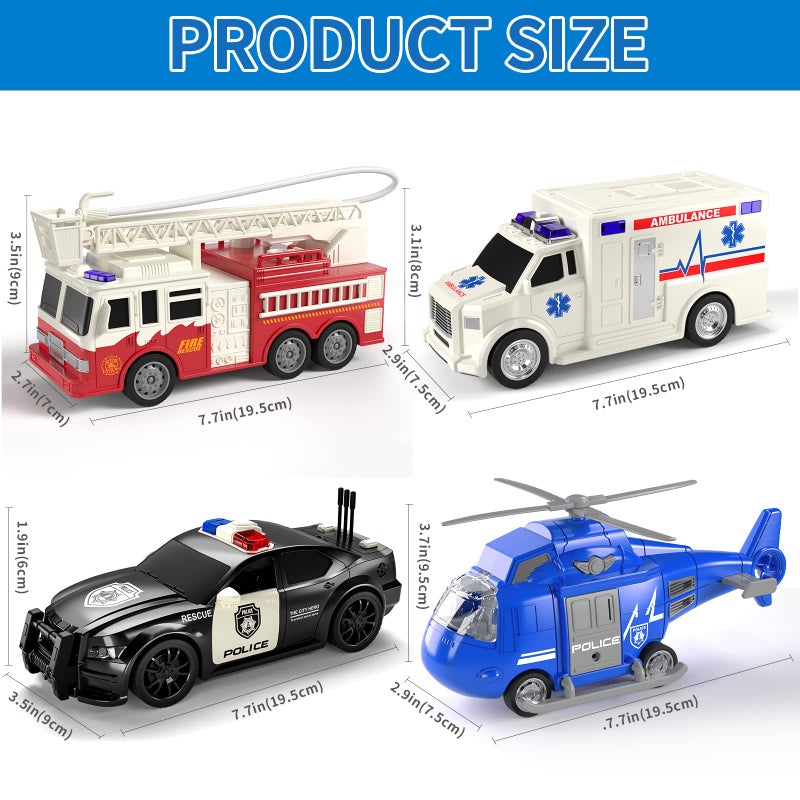 TEMI 4 Pack Emergency Vehicle Toys for Kids 3 4 5 6 7 8 Years Old, Helicopter, Police Car, Fire Truck, Ambulance Friction Powered Toys for Toddlers, Gifts for Age 3-12 Boys Girls - Image 2