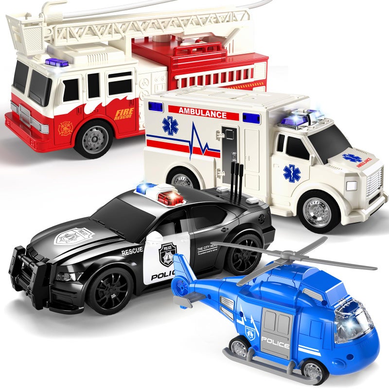 TEMI 4 Pack Emergency Vehicle Toys for Kids 3 4 5 6 7 8 Years Old, Helicopter, Police Car, Fire Truck, Ambulance Friction Powered Toys for Toddlers, Gifts for Age 3-12 Boys Girls - Image 1