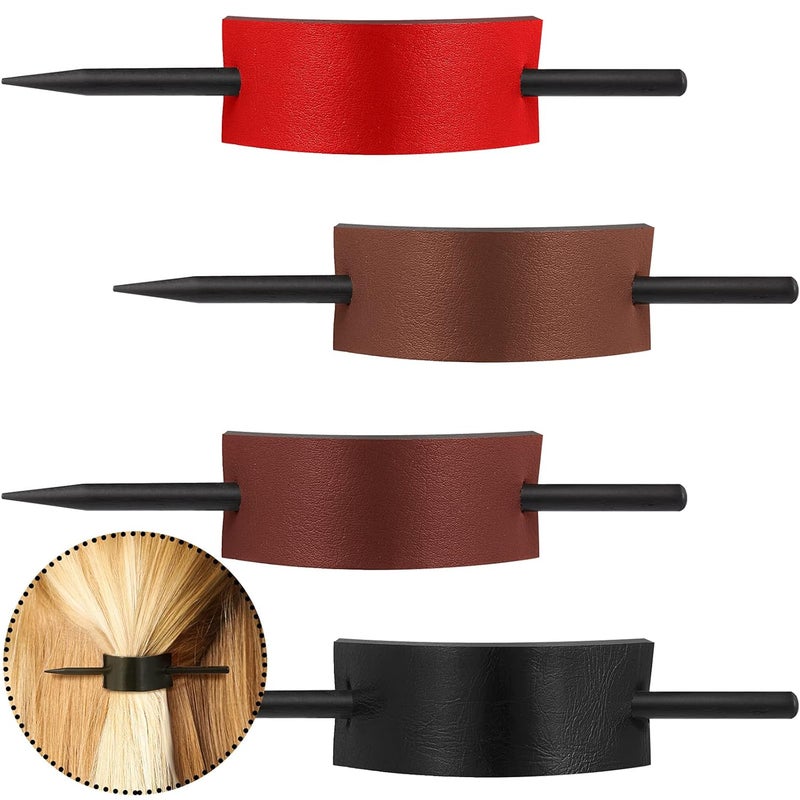 Luinabio 4 Pieces Leather Hair Barrettes with Stick Ponytail Clips  Hair Accessories for Women with Long Hair 4 Colors Black Brown Wine Red Red