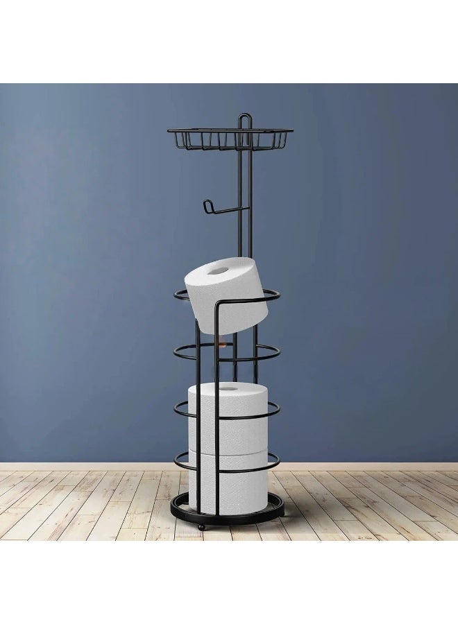Round Black Floor-Mounted Toilet Paper Holder with Storage Shelf - Image 1