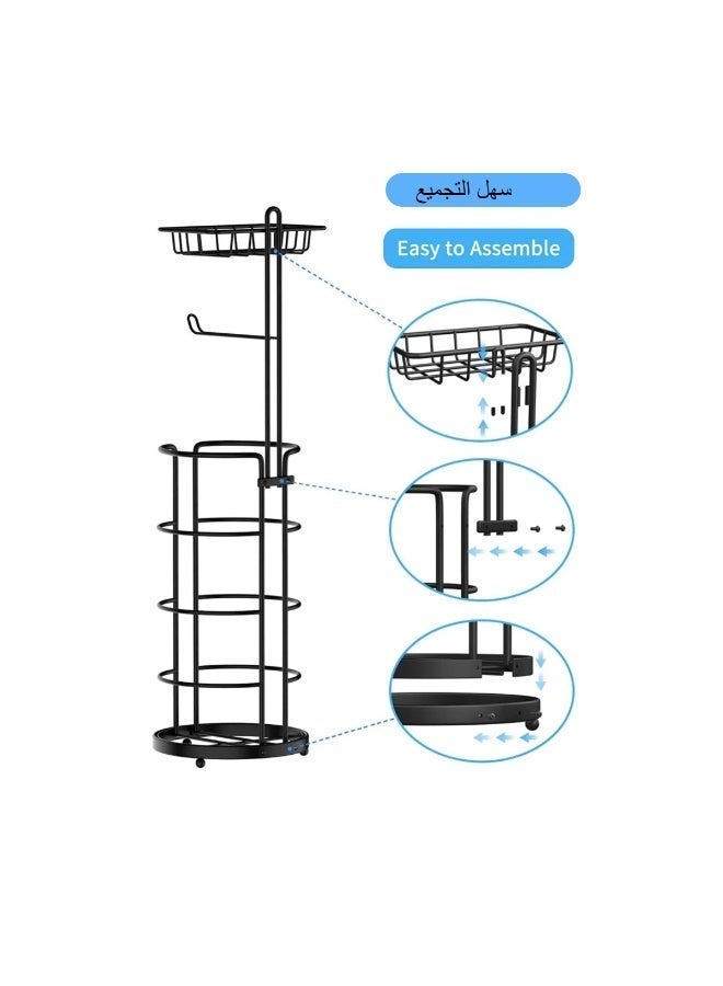 Round Black Floor-Mounted Toilet Paper Holder with Storage Shelf - Image 3