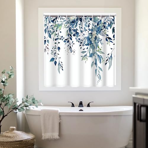 Ruelvth Shower Window Curtain, Watercolor Blue Eucalyptus Small Short Waterproof Bathroom Window Curtain with Hooks, 40x36 Inch - Image 1