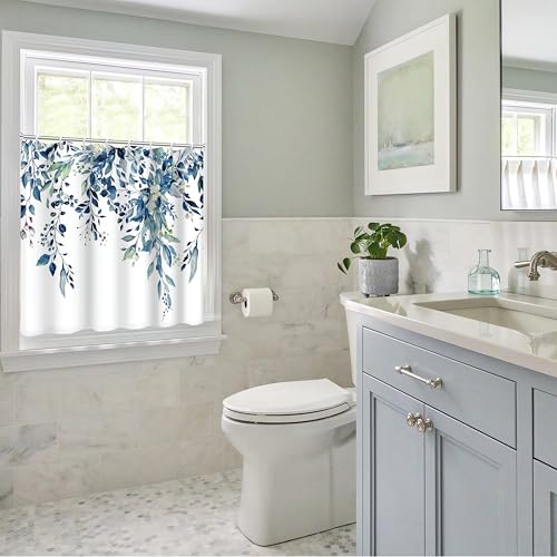 Ruelvth Shower Window Curtain, Watercolor Blue Eucalyptus Small Short Waterproof Bathroom Window Curtain with Hooks, 40x36 Inch - Image 3