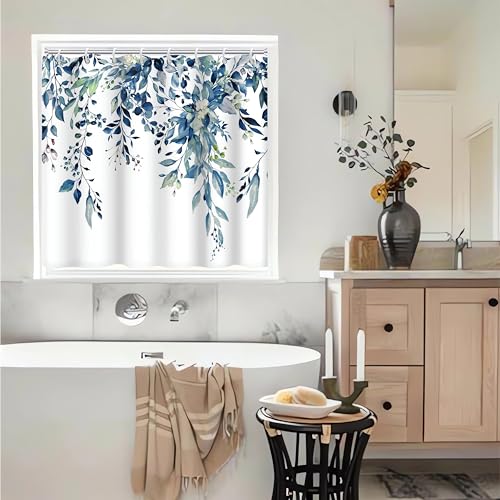 Ruelvth Shower Window Curtain, Watercolor Blue Eucalyptus Small Short Waterproof Bathroom Window Curtain with Hooks, 40x36 Inch - Image 2