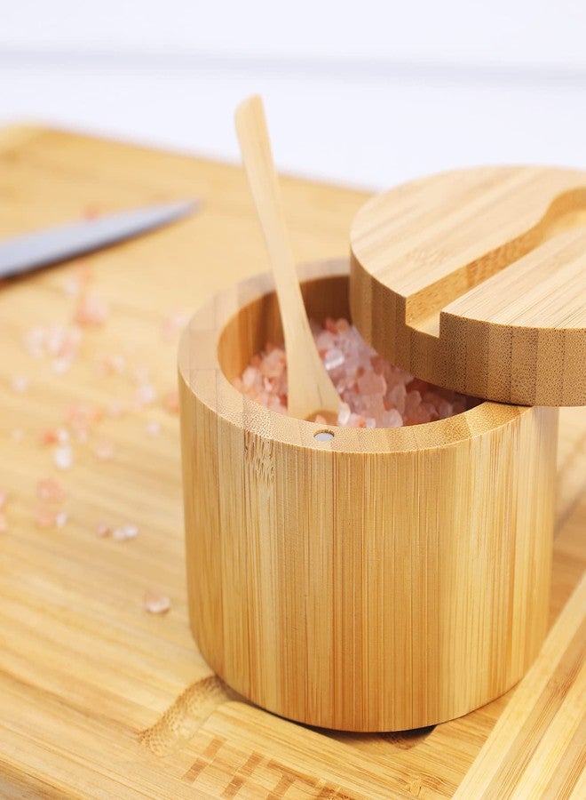 HTB Bamboo Salt Cellar with Mini Spoon, Kitchen Salt Box with Swivel Magnetic Closure Lid, Round Salt Container to Storage Pepper Spice Bath Salt Sea Salt - Image 2