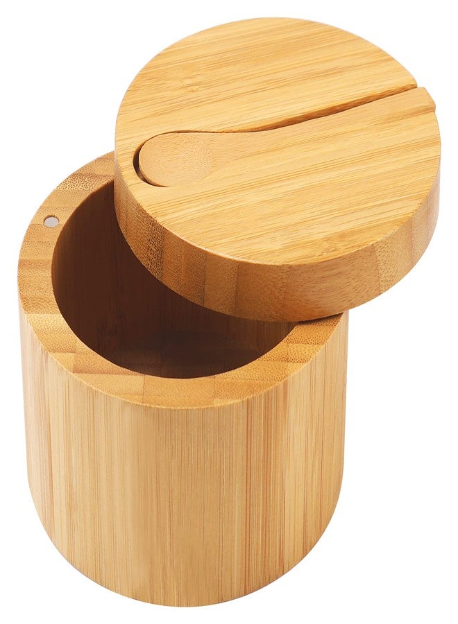 HTB Bamboo Salt Cellar with Mini Spoon, Kitchen Salt Box with Swivel Magnetic Closure Lid, Round Salt Container to Storage Pepper Spice Bath Salt Sea Salt - Image 1