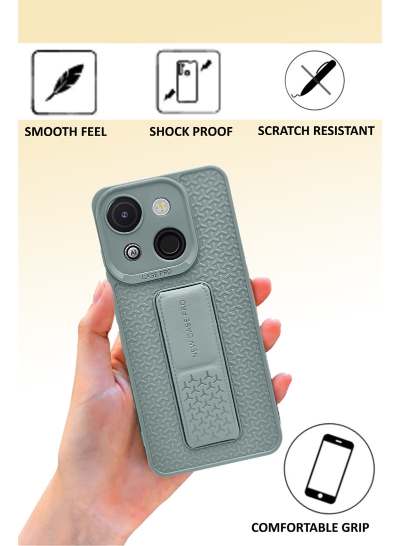 Itel A50c Semi Soft Self Designed Magnetic Back Stand Case  With Foldable Kickstand & Finger Strap | Compatible For Itel A50c - Grey - Image 2