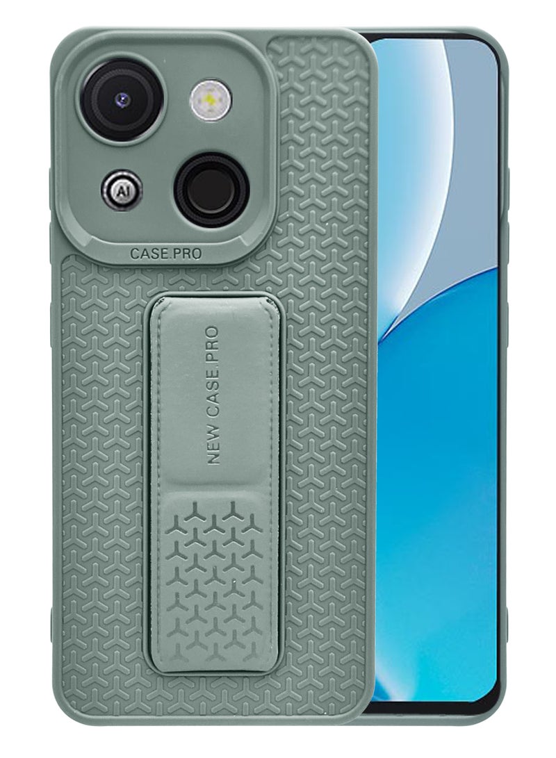 Itel A50c Semi Soft Self Designed Magnetic Back Stand Case  With Foldable Kickstand & Finger Strap | Compatible For Itel A50c - Grey - Image 1