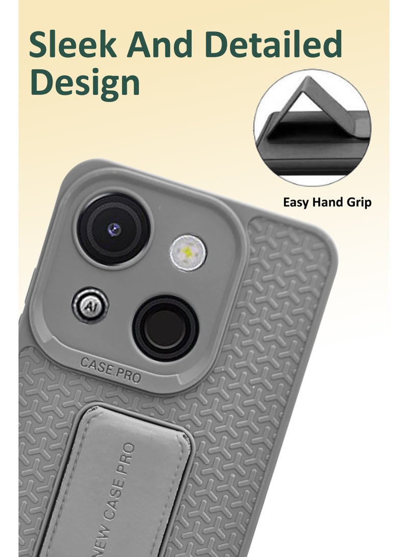 Itel A50c Semi Soft Self Designed Magnetic Back Stand Case  With Foldable Kickstand & Finger Strap | Compatible For Itel A50c - Grey - Image 3