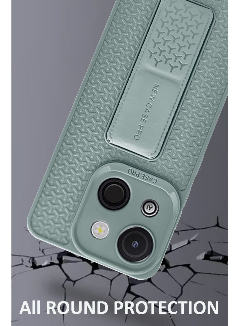 Itel A50c Semi Soft Self Designed Magnetic Back Stand Case  With Foldable Kickstand & Finger Strap | Compatible For Itel A50c - Grey - Image 4