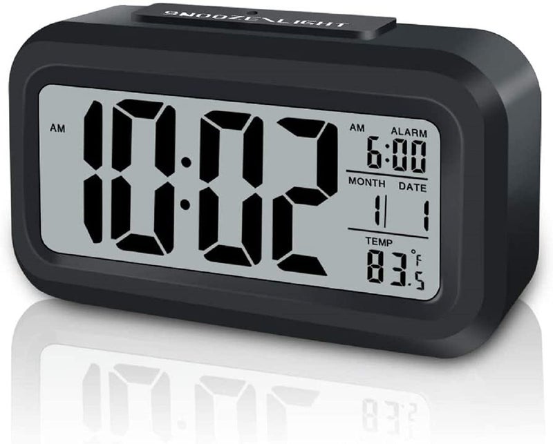 HAPPY BORN Digital Alarm Clock Table Office Clock with Date Time Temperature Night Light Sensor Black Pack of 1