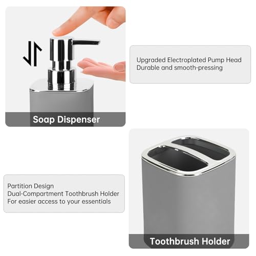 RRM Grey Bathroom Accessories 2 Pieces, Soap Dispenser and Toothbrush Holder Set for Boho Bathroom - Image 2