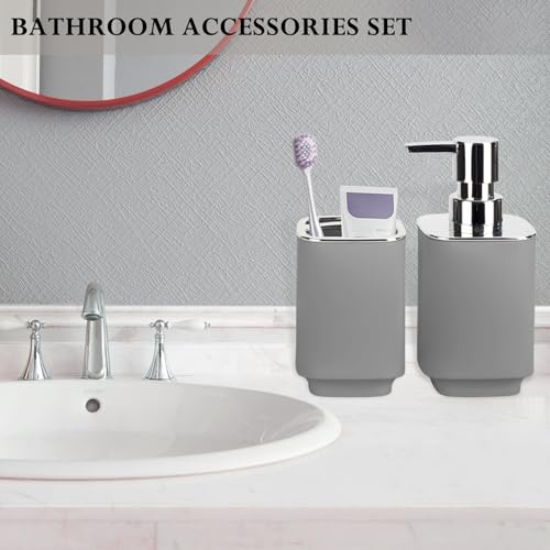 RRM Grey Bathroom Accessories 2 Pieces, Soap Dispenser and Toothbrush Holder Set for Boho Bathroom - Image 5