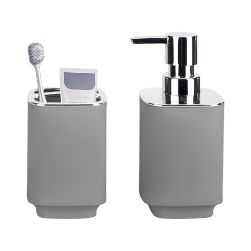 RRM Grey Bathroom Accessories 2 Pieces, Soap Dispenser and Toothbrush Holder Set for Boho Bathroom - Image 1