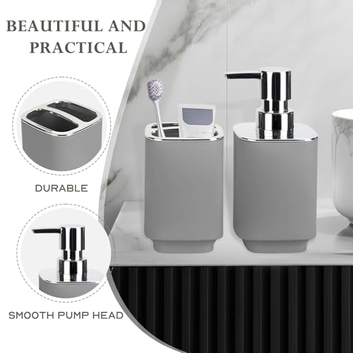 RRM Grey Bathroom Accessories 2 Pieces, Soap Dispenser and Toothbrush Holder Set for Boho Bathroom - Image 3