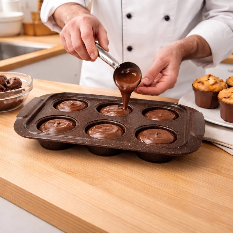 Non Stick Muffin Baking Tray ,Durable Marble Coated Cupcake Pan 6 Cup - Brown - A1-91 - Image 3