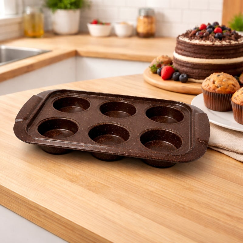 Non Stick Muffin Baking Tray ,Durable Marble Coated Cupcake Pan 6 Cup - Brown - A1-91 - Image 2