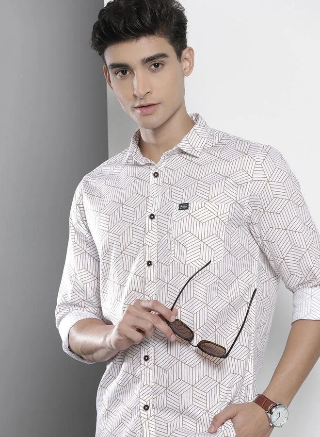 The Indian Garage Co White Geometric Print Regular Fit Shirt