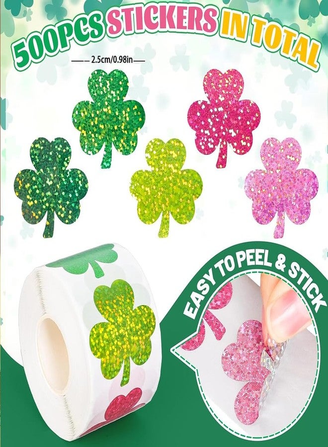 Hrnsnails 500Pcs St Patricks Day Clover Stickers Roll - Laser 5 Colors Clover Shape Self-Adhesive Sealing Stickers, Colorfuls Sparkly Waterproof Decals for St Patricks Day Party Envelope Scrapbook Decor - Image 4