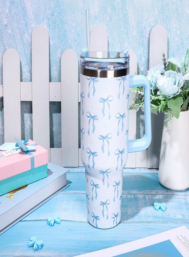 Whaline 40 Oz Blue Bow Tumbler with Handle Straw and Lid Bow-Knot Travel Coffee Tumbler Cup for Women Friend Holiday Birthday - Image 5