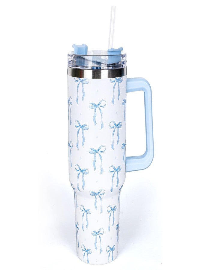 Whaline 40 Oz Blue Bow Tumbler with Handle Straw and Lid Bow-Knot Travel Coffee Tumbler Cup for Women Friend Holiday Birthday - Image 1