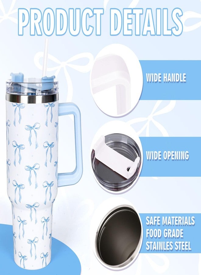 Whaline 40 Oz Blue Bow Tumbler with Handle Straw and Lid Bow-Knot Travel Coffee Tumbler Cup for Women Friend Holiday Birthday - Image 3