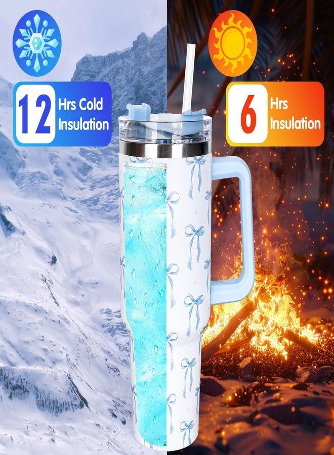 Whaline 40 Oz Blue Bow Tumbler with Handle Straw and Lid Bow-Knot Travel Coffee Tumbler Cup for Women Friend Holiday Birthday - Image 4