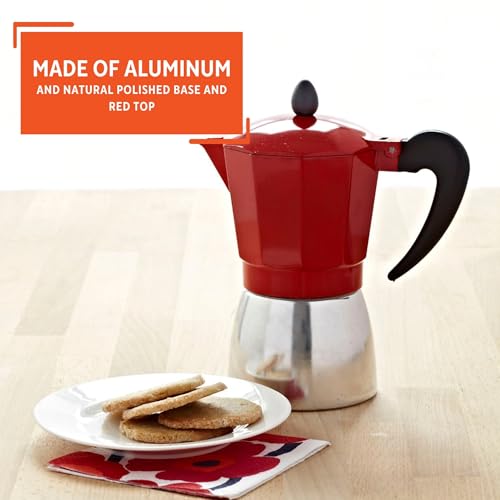 IMUSA USA Red Aluminum Stovetop 6-cup Classic Italian and Cuban Espresso Maker (B120-43T), Silver/Red - Image 3